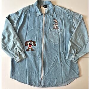 Vintage Top Line Looney Tunes Denim Shirt Unisex M Rare Zip Up Lightweight
